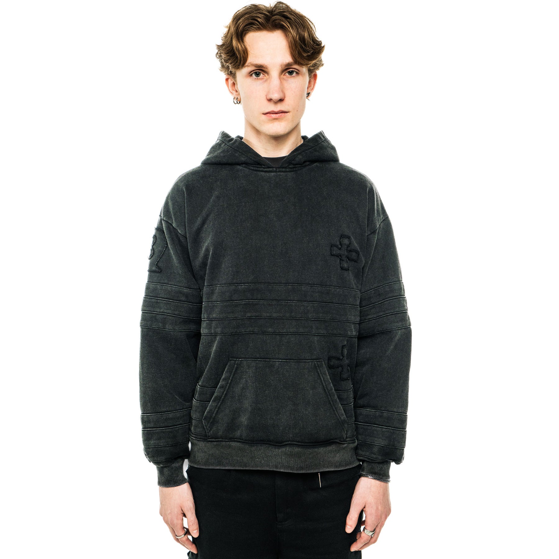 Model wearing the Company Hoodie in size M.