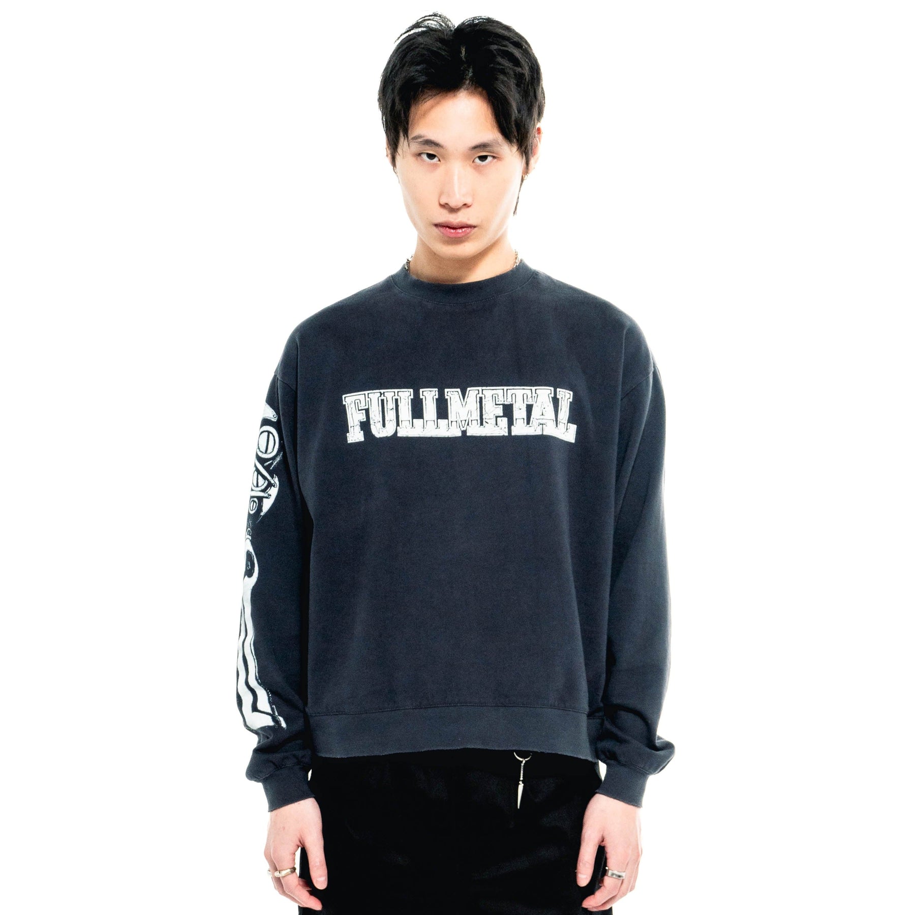 Front on-body view of the Fullmetal Crew with current-run sizing guidance.